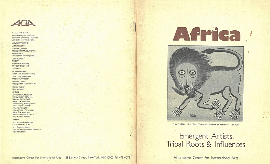 Cover of catalog for&nbsp;Africa: Emergent Artists, Tribal Roots &amp; Influences, Alternative Center for International Arts, New York, 1978